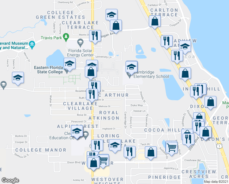 map of restaurants, bars, coffee shops, grocery stores, and more near 1427 Tate Street in Cocoa