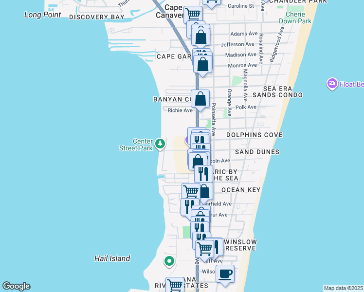 map of restaurants, bars, coffee shops, grocery stores, and more near 166 Center Street in Cape Canaveral