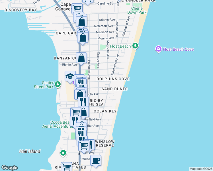 map of restaurants, bars, coffee shops, grocery stores, and more near 406 Buchanan Avenue in Cape Canaveral