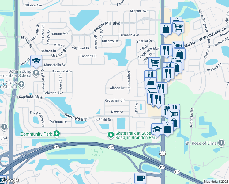 map of restaurants, bars, coffee shops, grocery stores, and more near 12751 Majorama Drive in Orlando