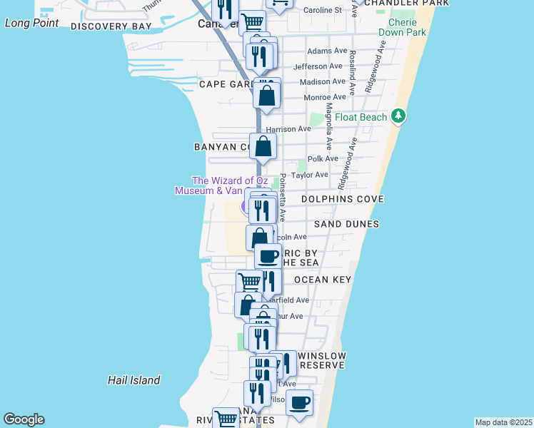 map of restaurants, bars, coffee shops, grocery stores, and more near 7100 North Atlantic Avenue in Cape Canaveral
