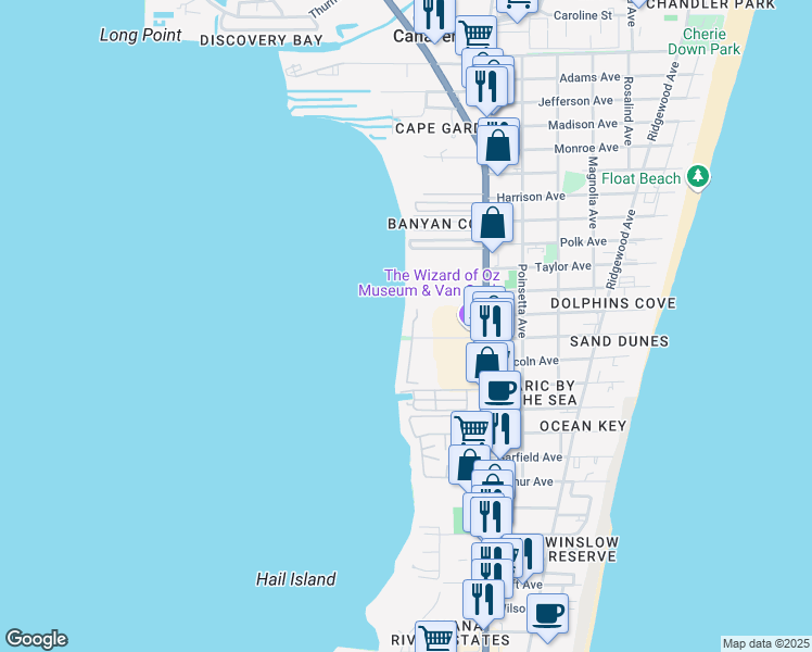 map of restaurants, bars, coffee shops, grocery stores, and more near 7108 Marbella Court in Cape Canaveral