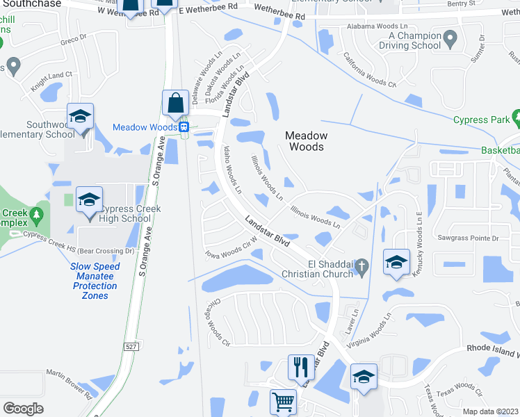 map of restaurants, bars, coffee shops, grocery stores, and more near 12729 Idaho Woods Lane in Orlando