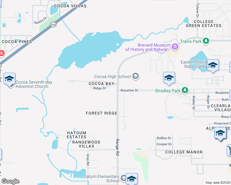 map of restaurants, bars, coffee shops, grocery stores, and more near North Range Road in Cocoa