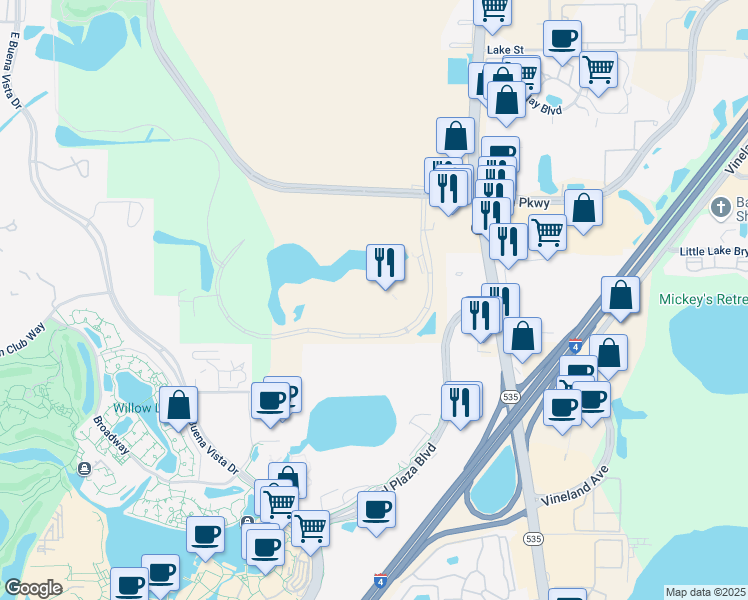 map of restaurants, bars, coffee shops, grocery stores, and more near 1 Grand Cypress Boulevard in Orlando