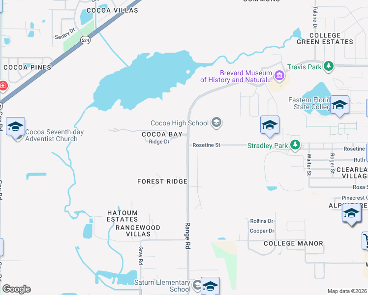 map of restaurants, bars, coffee shops, grocery stores, and more near North Range Road in Cocoa