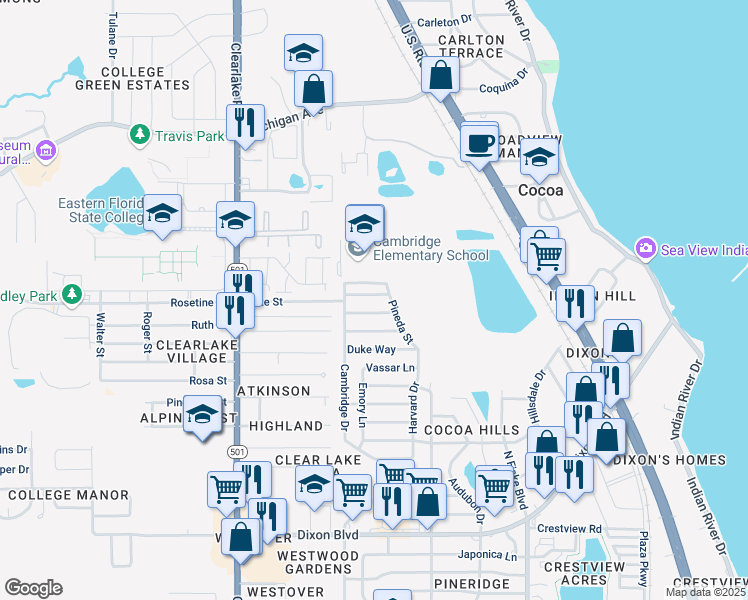 map of restaurants, bars, coffee shops, grocery stores, and more near 1205 Vanderbilt Lane in Cocoa