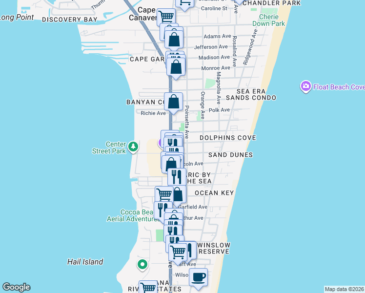 map of restaurants, bars, coffee shops, grocery stores, and more near 204 Buchanan Avenue in Cape Canaveral