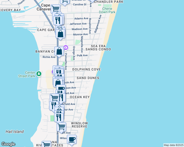 map of restaurants, bars, coffee shops, grocery stores, and more near 425 Buchanan Avenue in Cape Canaveral