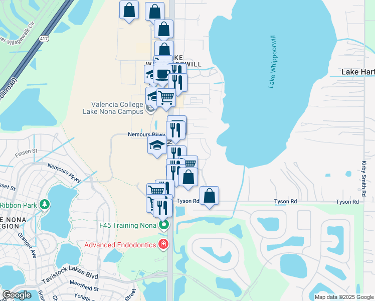 map of restaurants, bars, coffee shops, grocery stores, and more near Dwell Court in Orlando