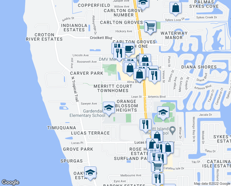 map of restaurants, bars, coffee shops, grocery stores, and more near 284 Marion Place in Merritt Island