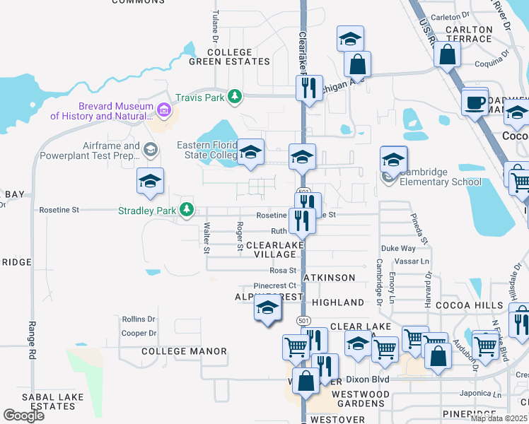 map of restaurants, bars, coffee shops, grocery stores, and more near 1651 Rosetine Street in Cocoa