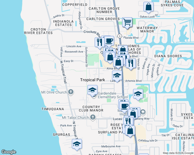 map of restaurants, bars, coffee shops, grocery stores, and more near 290 Marion Place in Merritt Island