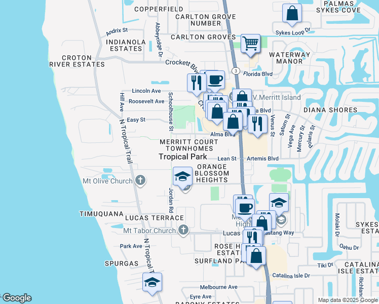 map of restaurants, bars, coffee shops, grocery stores, and more near 296 Marion Place in Merritt Island