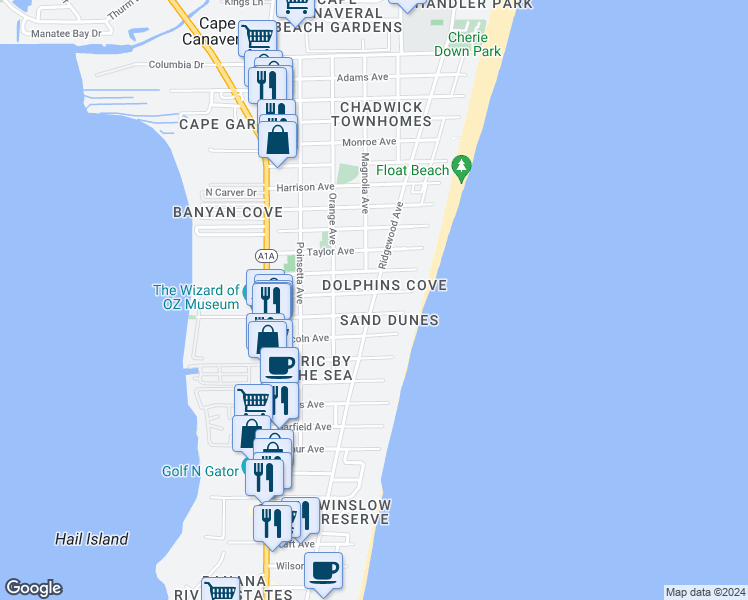 map of restaurants, bars, coffee shops, grocery stores, and more near 7166 Ridgewood Avenue in Cape Canaveral