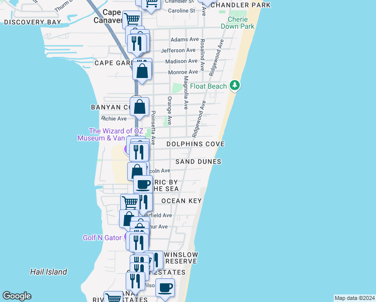 map of restaurants, bars, coffee shops, grocery stores, and more near 406 Buchanan Avenue in Cape Canaveral