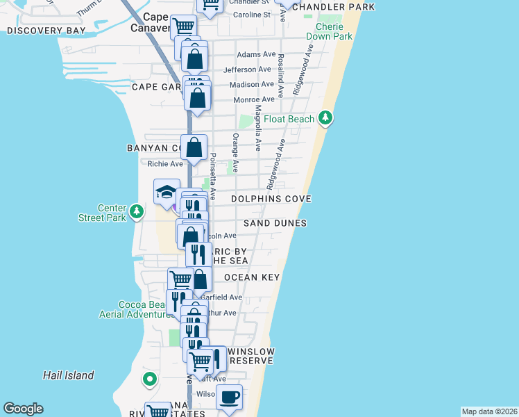 map of restaurants, bars, coffee shops, grocery stores, and more near 406 Buchanan Avenue in Cape Canaveral