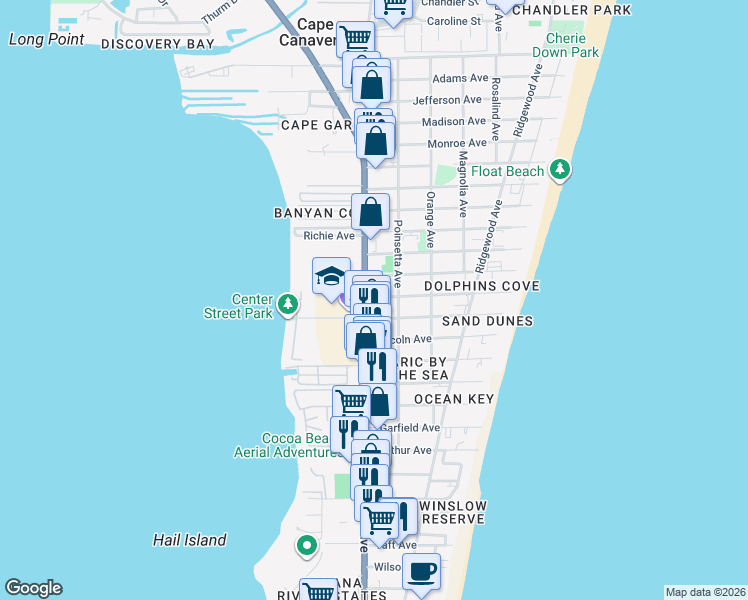 map of restaurants, bars, coffee shops, grocery stores, and more near 7100 North Atlantic Avenue in Cape Canaveral
