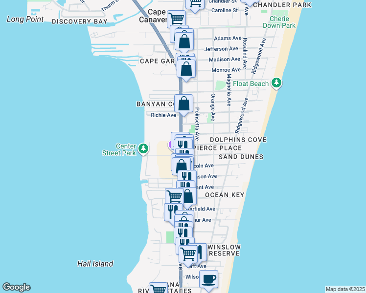 map of restaurants, bars, coffee shops, grocery stores, and more near 7100 North Atlantic Avenue in Cape Canaveral