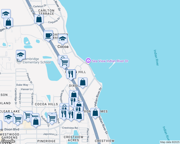 map of restaurants, bars, coffee shops, grocery stores, and more near 620 Dixon Boulevard in Cocoa