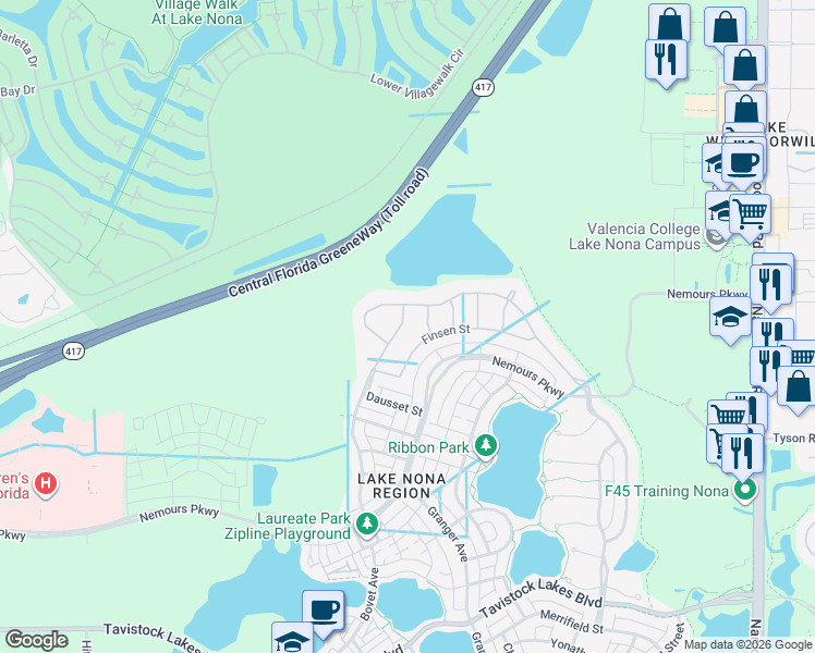 map of restaurants, bars, coffee shops, grocery stores, and more near 8663 Finsen Street in Orlando