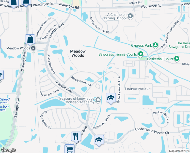 map of restaurants, bars, coffee shops, grocery stores, and more near 805 Pebble Creek Circle in Orlando