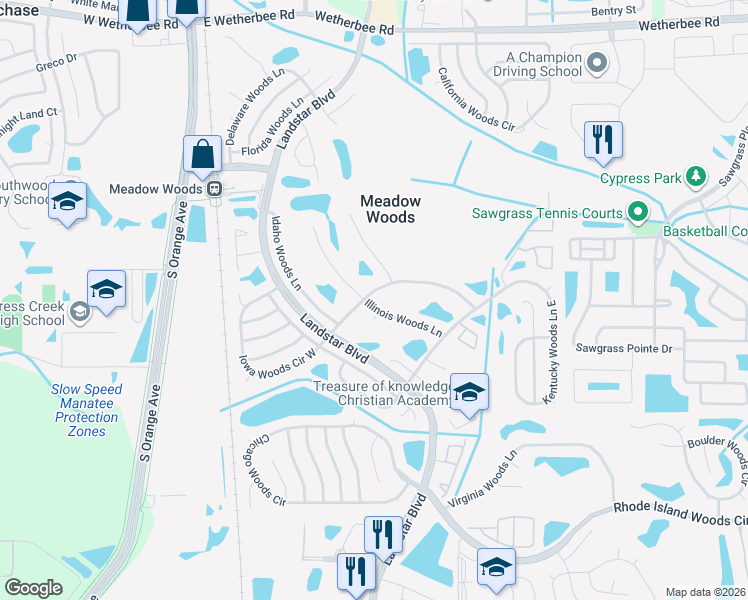 map of restaurants, bars, coffee shops, grocery stores, and more near 513 Kansas Woods Court in Orlando