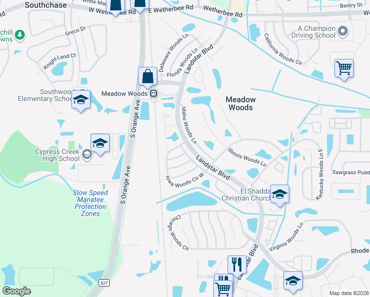 map of restaurants, bars, coffee shops, grocery stores, and more near 223 Massachusetts Woods Lane in Orlando