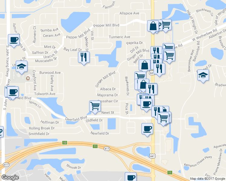 map of restaurants, bars, coffee shops, grocery stores, and more near 12697 Majorama Drive in Orlando