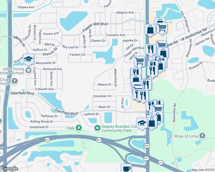 map of restaurants, bars, coffee shops, grocery stores, and more near 12751 Majorama Drive in Orlando