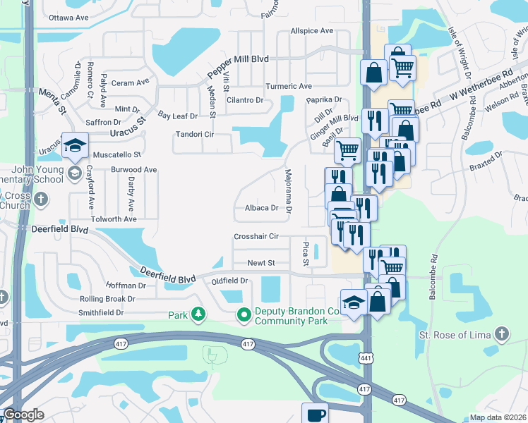 map of restaurants, bars, coffee shops, grocery stores, and more near 12751 Majorama Drive in Orlando