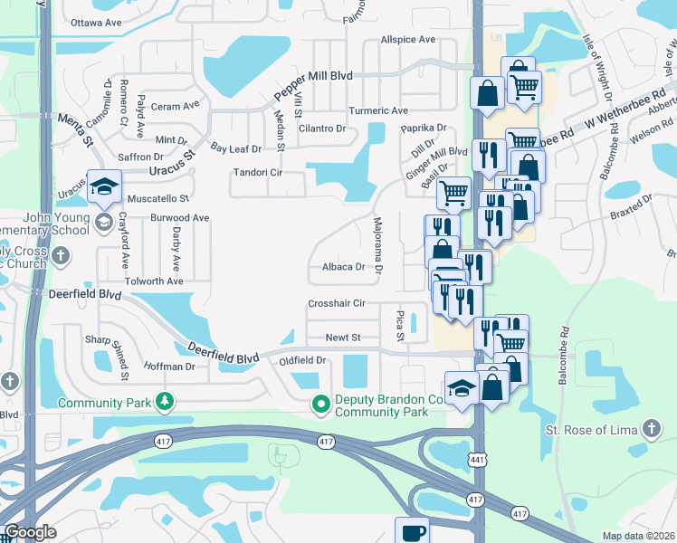 map of restaurants, bars, coffee shops, grocery stores, and more near 12751 Majorama Drive in Orlando