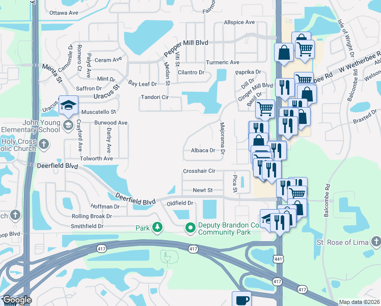map of restaurants, bars, coffee shops, grocery stores, and more near 2665 Ginger Mill Boulevard in Orlando