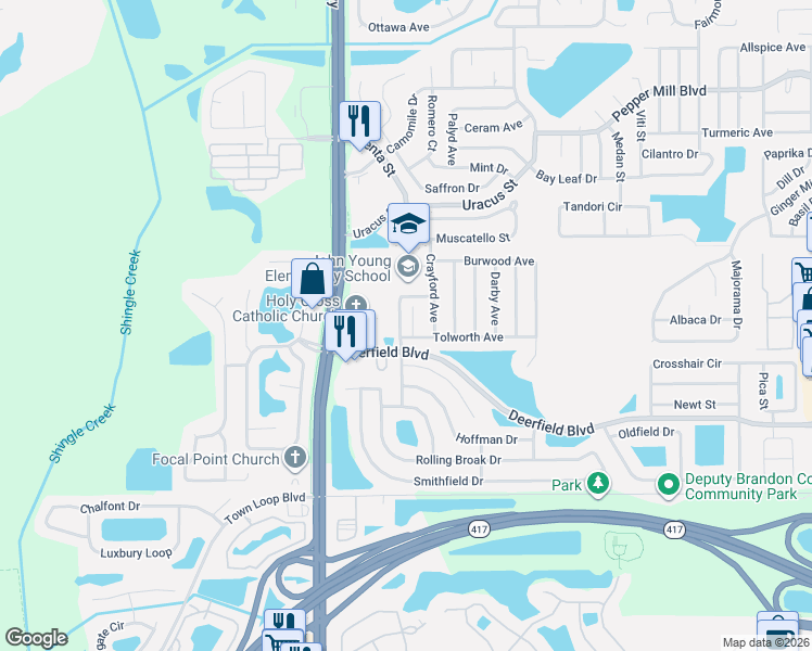 map of restaurants, bars, coffee shops, grocery stores, and more near 2902 Deerfield Boulevard in Orlando
