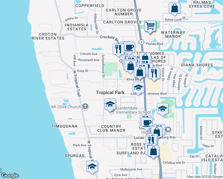 map of restaurants, bars, coffee shops, grocery stores, and more near 1301 George Edwards Court in Merritt Island