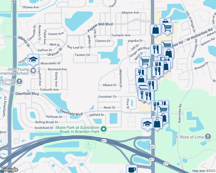 map of restaurants, bars, coffee shops, grocery stores, and more near 2484 Albaca Drive in Orlando