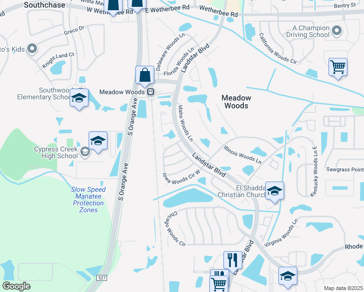map of restaurants, bars, coffee shops, grocery stores, and more near 223 Massachusetts Woods Lane in Orlando