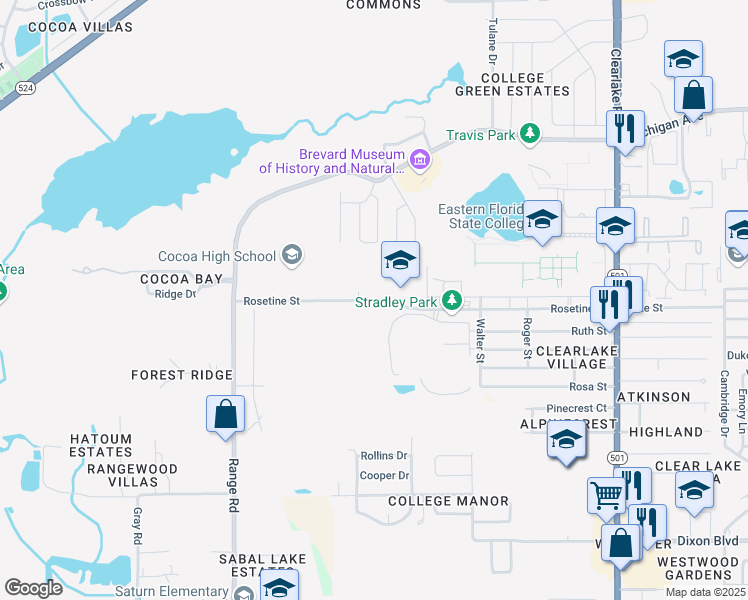 map of restaurants, bars, coffee shops, grocery stores, and more near 2000 Tiger Trail in Cocoa