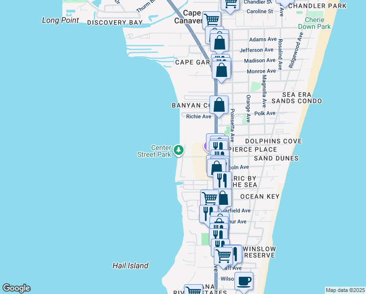 map of restaurants, bars, coffee shops, grocery stores, and more near 7108 Center Street in Cape Canaveral