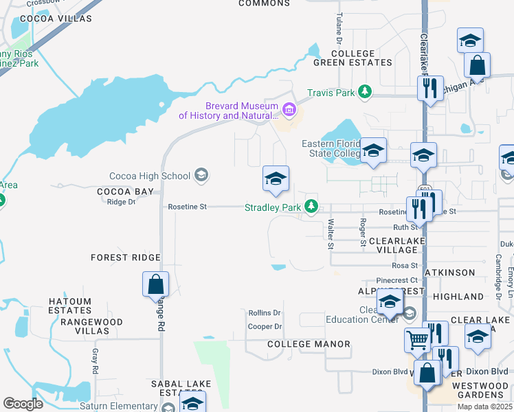 map of restaurants, bars, coffee shops, grocery stores, and more near 1957 Rosetine Street in Cocoa