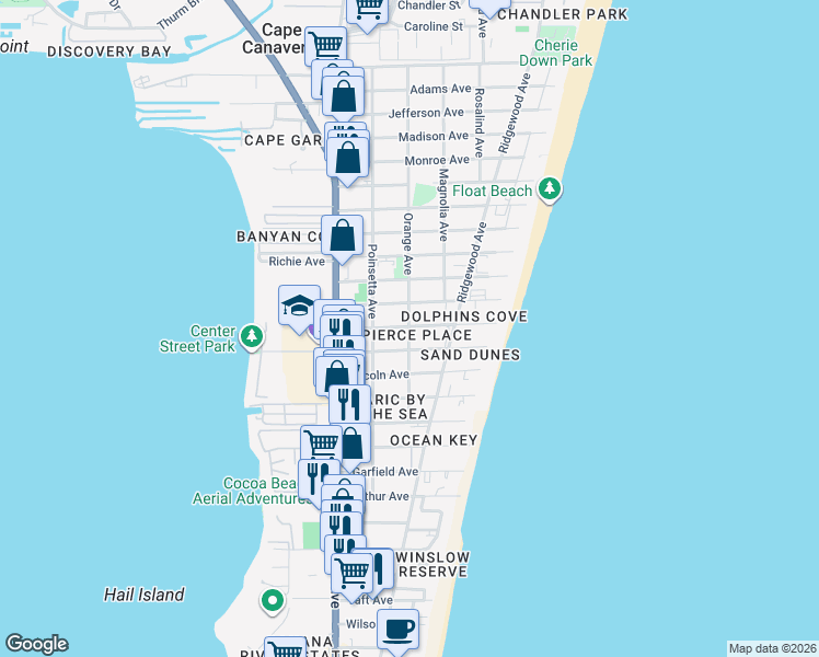 map of restaurants, bars, coffee shops, grocery stores, and more near 304 Buchanan Avenue in Cape Canaveral