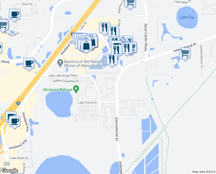 map of restaurants, bars, coffee shops, grocery stores, and more near 6011 Newport Lane in Orlando