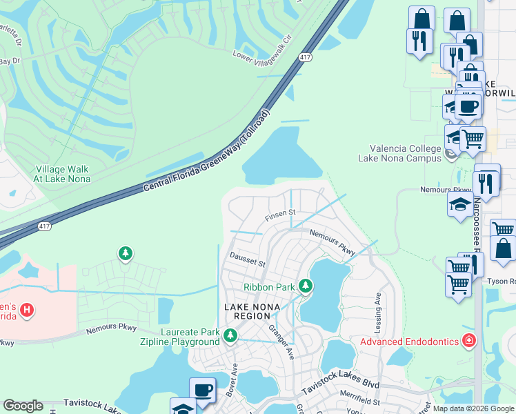 map of restaurants, bars, coffee shops, grocery stores, and more near 12431 Upper Harden Avenue in Orlando