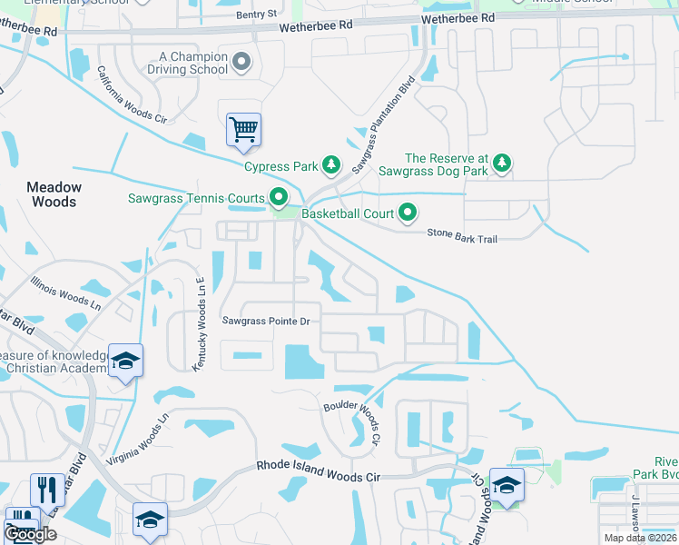 map of restaurants, bars, coffee shops, grocery stores, and more near 1609 Plantation Pointe Drive in Orlando