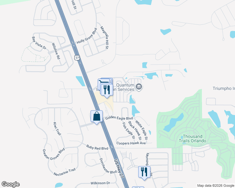 map of restaurants, bars, coffee shops, grocery stores, and more near 2501 Citrus Tree Road in Clermont