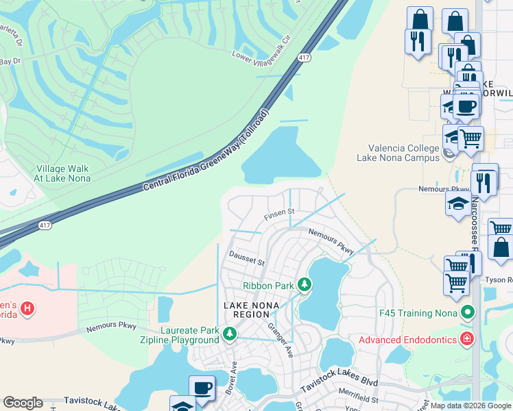 map of restaurants, bars, coffee shops, grocery stores, and more near 12431 Upper Harden Avenue in Orlando