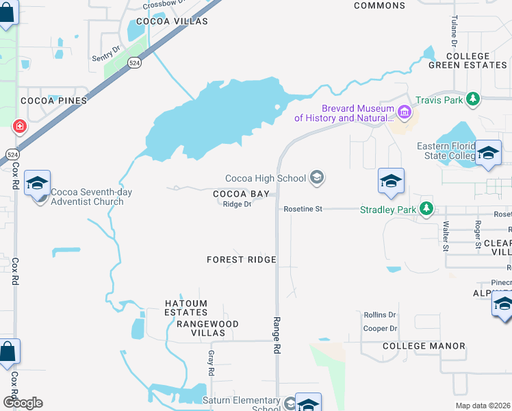map of restaurants, bars, coffee shops, grocery stores, and more near 1605 Cocoa Bay Boulevard in Cocoa