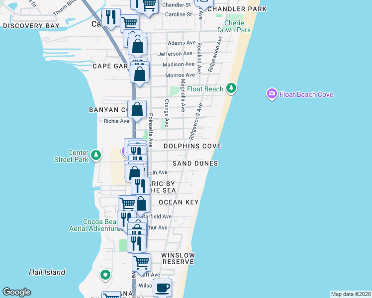 map of restaurants, bars, coffee shops, grocery stores, and more near 7201 Ridgewood Avenue in Cape Canaveral