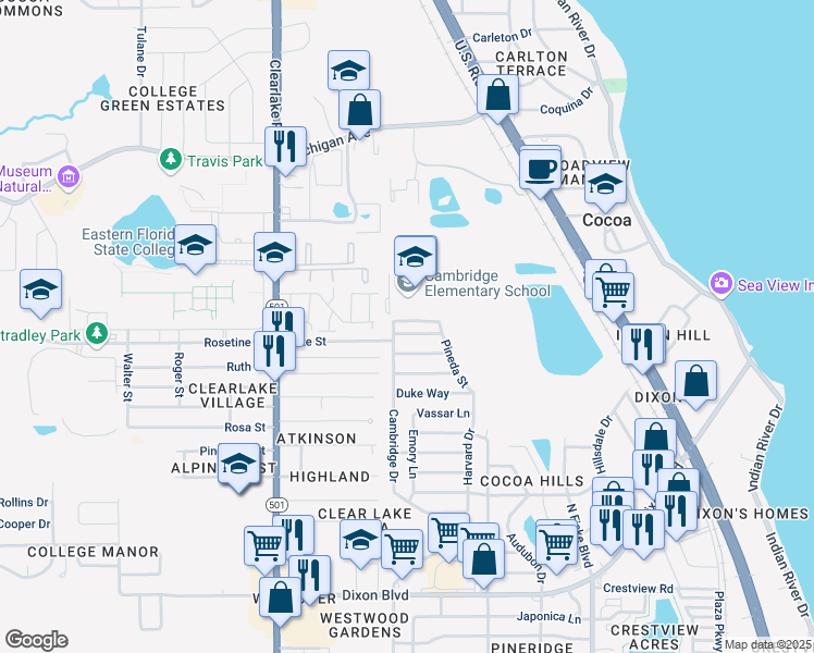 map of restaurants, bars, coffee shops, grocery stores, and more near 2000 Cambridge Drive in Cocoa