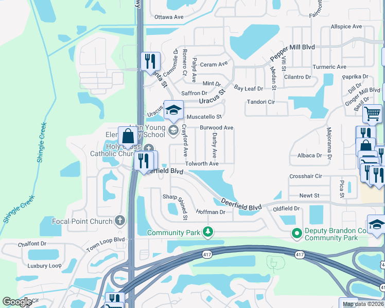 map of restaurants, bars, coffee shops, grocery stores, and more near 12600 Earnest Avenue in Orlando